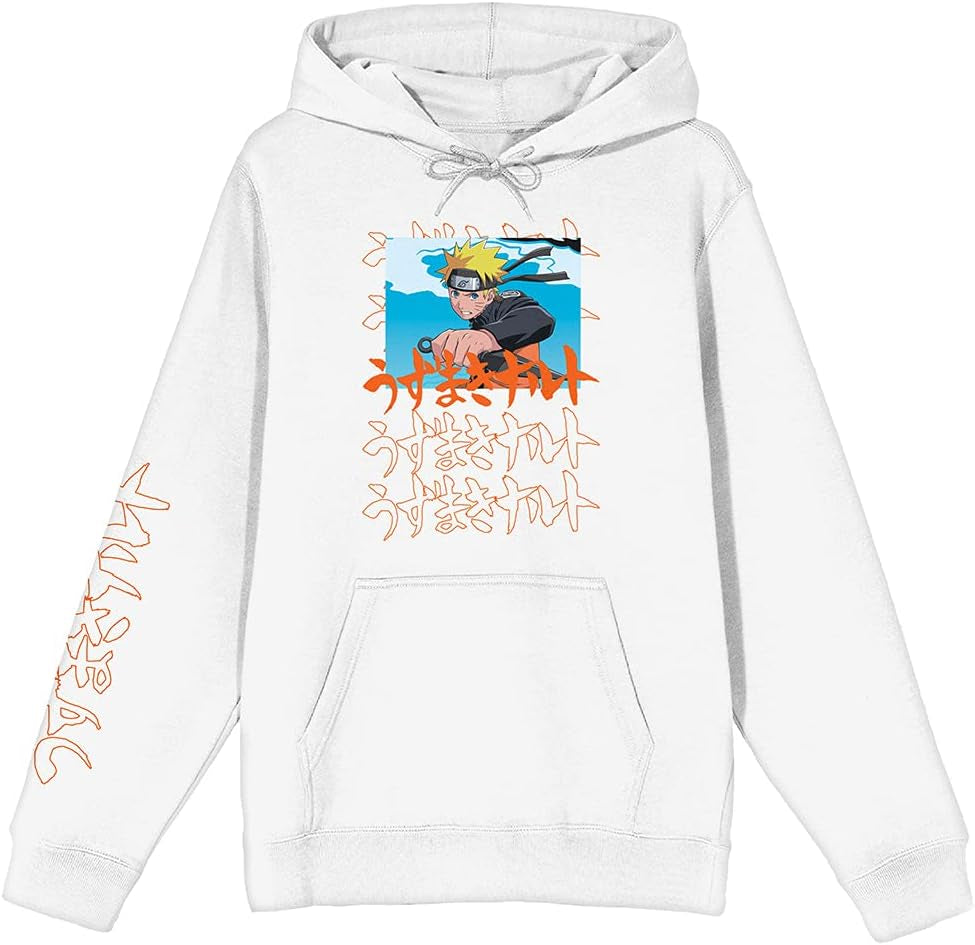 Naruto Shippuden Naruto with Kanji Mens White Graphic Hoodie